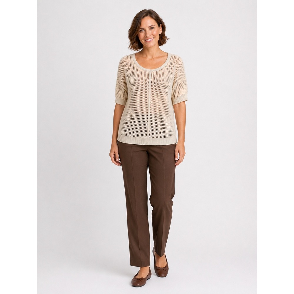 Lumiere Small Tan See Through Short Sleeve Sweater Open Knit Mesh Side Slit Top